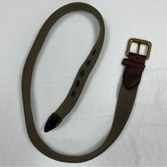 J Crew Woven Webbed Elastic Leather Belt with Square Buckle Made in USA Khaki - Picture 3 of 7